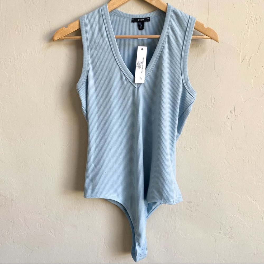 NWT DREW Anthropologie Dusty Blue Ribbed V-Neck Bodysuit